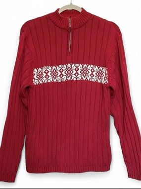 VTG Lands End Red Cotton Nordic Fair Isle Snowflake 1/4 Zip Sweater XL Holiday